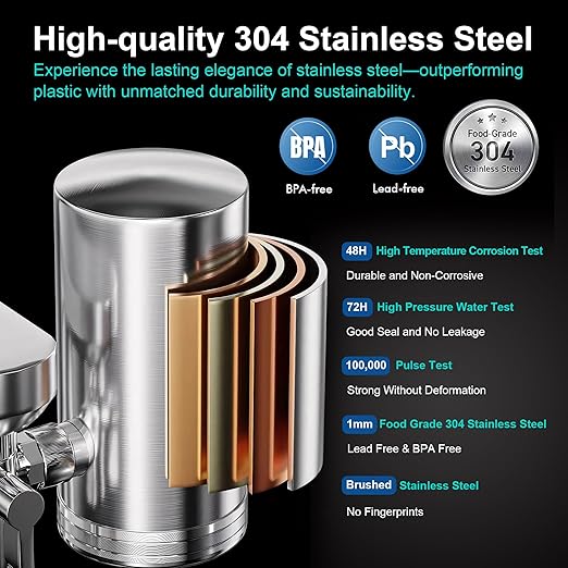 LCF 360° Rotating Stainless-Steel Faucet Water Filter - High Flow, Mineral-Enhanced Tap Water Filter, Reduces Chlorine, Heavy Metals and Bad Taste, Easy Install, 320 Gallons, Kitchen Sink Ideal