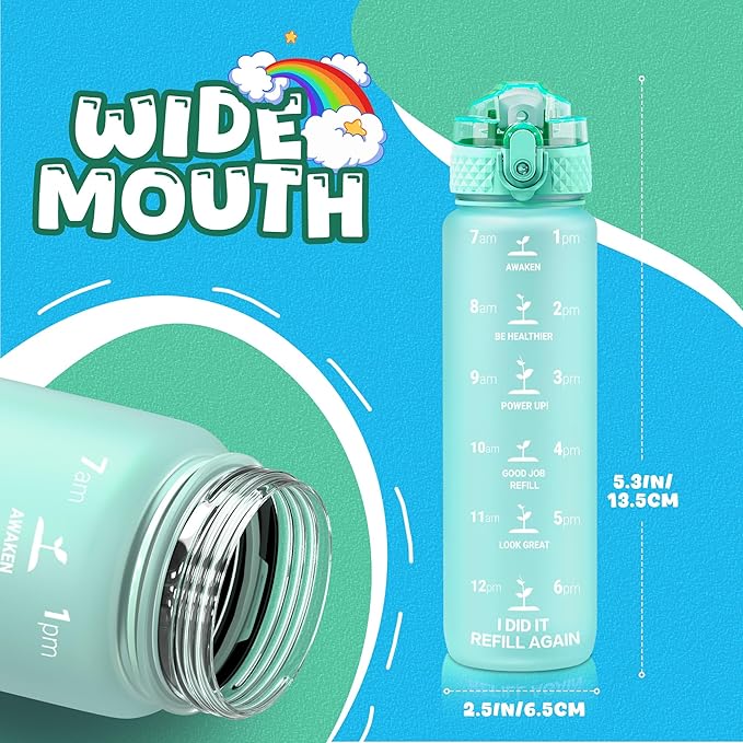 OLDLEY Kids Water Bottle for School, 17 oz (2 lids) BPA-Free Reusable Leak-proof Durable Tritan Plastic Water Bottles with Straw & Chug Lids, Anti-dust Spout Cover (Mint Green)