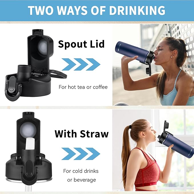 Insulated water bottle with Straw,24oz Stainless Steel Water Bottle for Adult Kids,Double Wall Vacuum Wide Mouth Insulated Water Bottle for Sports,BPA-free and Leak-proof（24oz,Navy blue）