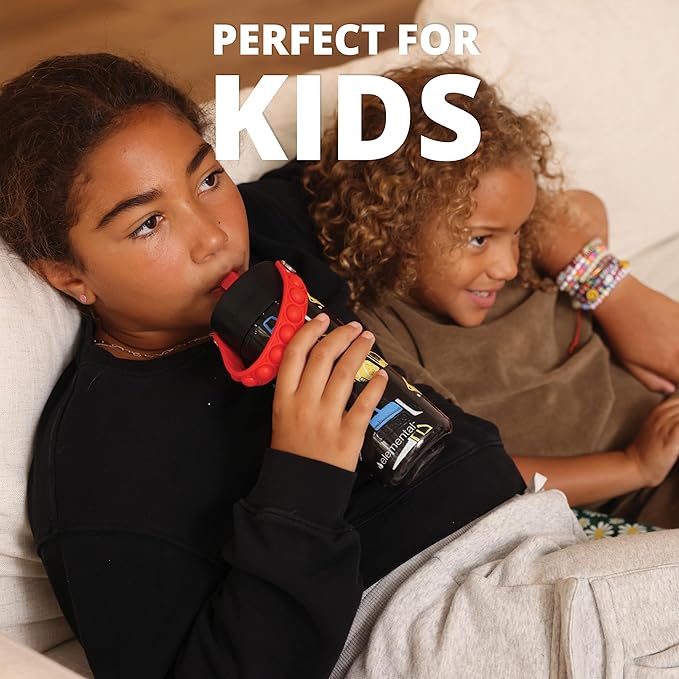 Elemental Leak Proof Water Bottles for Kids - Splash Kids Water Bottle for School with Fun Fidget Pop-it Handle - Tritan Plastic Water Bottle with Straw - Sports Ball & Construction - 18oz (2 Pack)