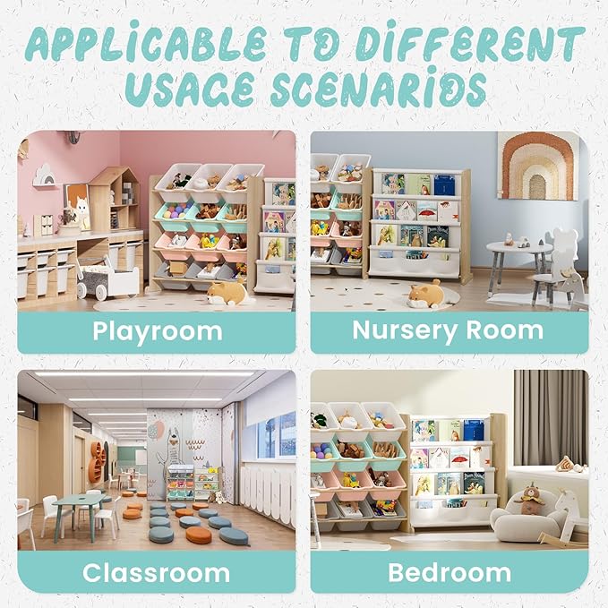 Kids Toy Storage Organizer - Toy Organizer with Kids Bookshelf, Toy Storage with 12 Toy Multi-color Bins and 4 Book Shelves, Toy Organizers and Storage for Playroom, Nursery, Kids Room, Burlywood