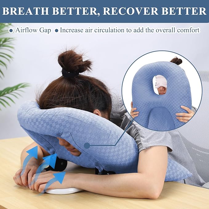 Newly Upgraded Face Down Pillow After Eye Surgery, Prone Pillow with Arm Hole for Face Down Sleeping, Retina and Vitrectomy Lying Pillow, Post Eye Surgery Recovery (Light Blue)