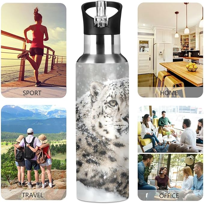 senya 20 Oz Water Bottle with Straw Snow Leopard Stainless Steel Water Bottle for Traveling Sports Leakproof Insulated Water Bottle