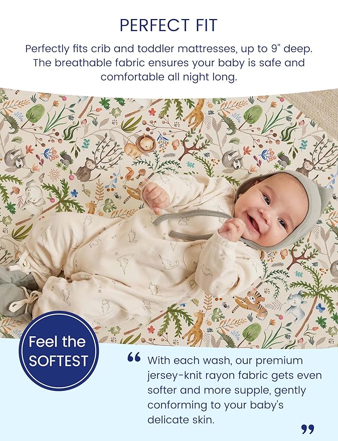 TotAha Crib Sheets for Boys Girls, Premium Soft Crib Mattress Fitted Sheet, Super Stretchy Jersey Knit Baby Sheets, Silky Comfort Baby Bed Sheets 28x52x9 Extra Deep Pocket, 2 Pack (Happy Zoo & Jungle)