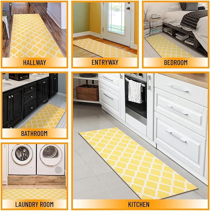 Machine Washable Moroccan Trellis Design Non-Slip Rubberback 2x6 Traditional Indoor Runner Rug for Hallway, Kitchen, Bedroom, 2'2" x 6', Yellow