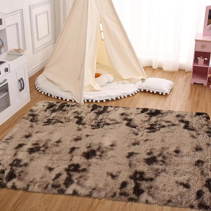 Extra Large 9x12 Fluffy Shaggy Area Rug for Living Room Indoor Modern Plush Faux Fur Carpet for Bedroom Soft Thick Throw Rug for Nursery Kids Room Non Slip Fuzzy Rug for Home Decor,Tie Dye Brown