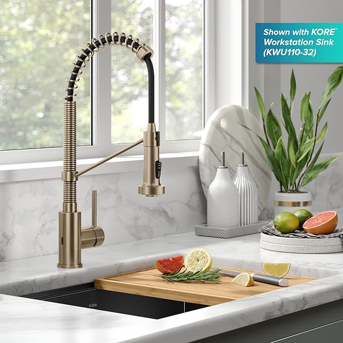 KRAUS Bolden Touchless Sensor Commercial Pull-Down Single Handle 18-Inch Kitchen Faucet in Spot Free Antique Champagne Bronze, KSF-1610SFACB