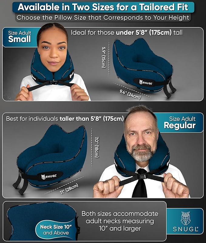 SNUGL Neck Travel Pillow - Memory Foam Airplane Pillow - Flight Pillow | Neck Support Travel Pillow with Carry Bag & Clip | Neck Pillows for Sleeping Travel Plane | Flying Travel Essentials - Navy