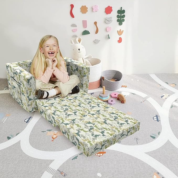 Kids Sofa, Children's 2 in 1 Convertible Sofa to Lounger - Extra Soft Flip Open Chair & Sleeper, Cute Dinosaur Print Toddler Chairs Kids Couch for Kids Girls Boys