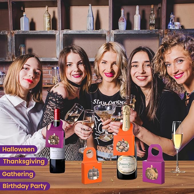 Megitzuu 30PCS Wine Bottle Box with Window, Kraft Paper Wine Boxes for Halloween Gifts Hanging Pumpkin Treat Box Mini Charcuterie Boxes Wine Bottles Gift Bags Goodies Candy Box Party Favor (Pumpkin)