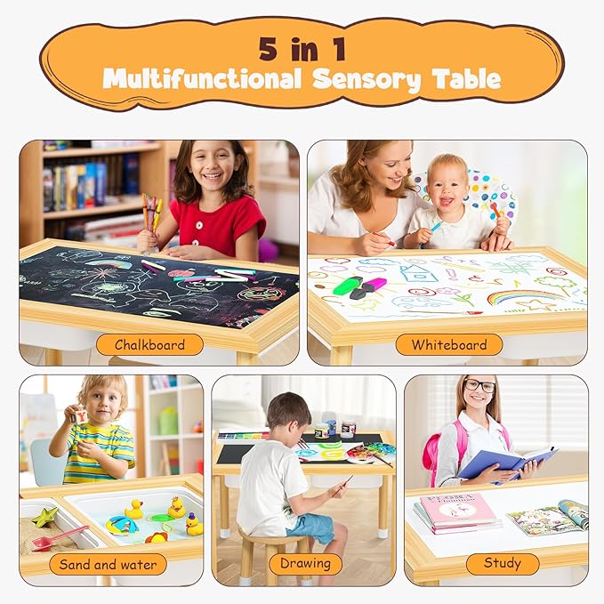 Sensory Table with 2 Stools, Wooden Kids Sensory Tables with Double-Side Board & 2 Storage Bins for Toddlers 1-3, Multipurpose Sensory Table for Boys and Girls Indoor/Outdoor Classroom Use