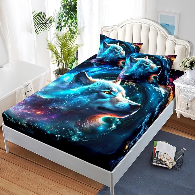 AILONEN Wolf Fitted Sheet Set Full Size, Space Galaxy Wolf Bed Sheet Set for Boys Girls,Howling Wolf Safari Wolf Breathable Fitted Sheet and 2 Pillowcases,3 Pieces