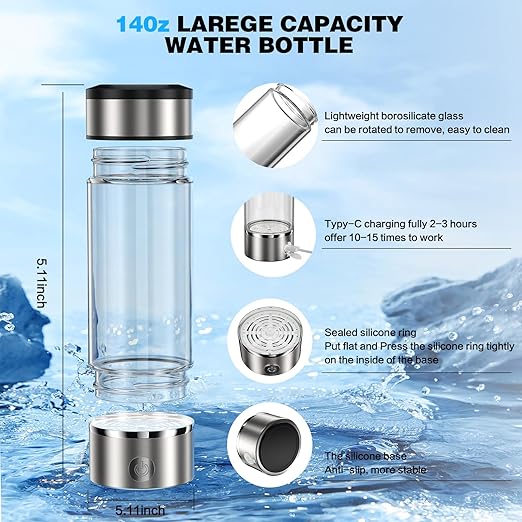 Hydrogen Water Bottle, 14OZ Portable Hydrogen Water Bottle Generator, 3 Min SPE PEM Technology Hydro Infused Water Ionizer, Glass Hydrogen Water Machine, Gift for Home, Office, Travel-Silver
