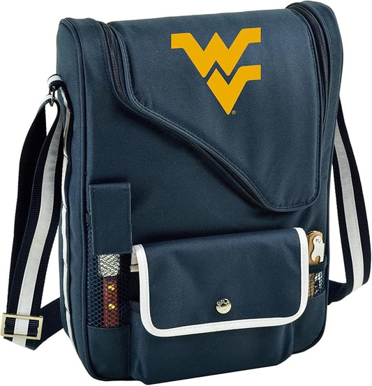 West Virgina University Licensed Mountaineers Deluxe Wine Carrier with Wine Glasses and Accessories for Two Assembled & Quality Approved in The USA