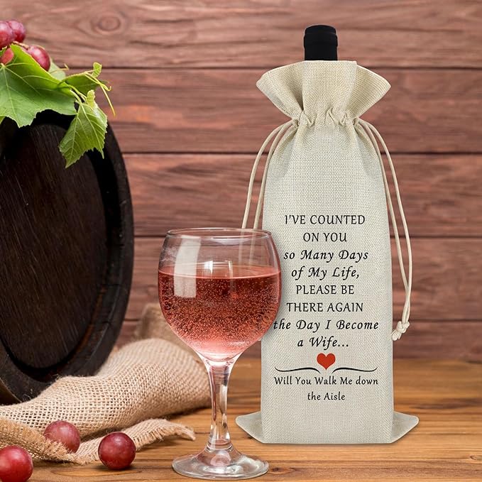 Wedding Gift for Dad Mom Bridesmaid Gift from Bride Wedding Wine Bag Engagement Wine Bag Wedding Day Gift for Friend Family Member Bride Groom Couple Gift Drawstring Cotton Burlap Wine Bottle Bags