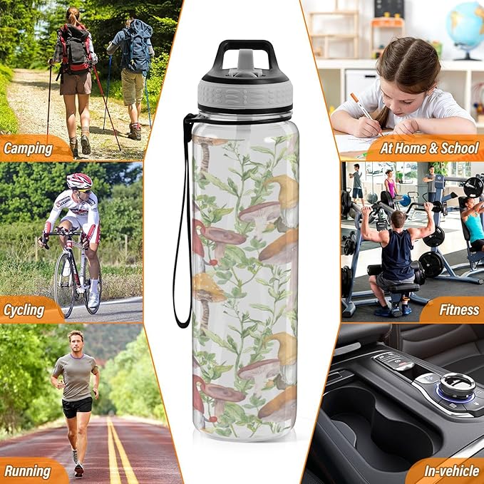 Kigai Mushroom Gnome Clear Water Bottle with Straw Lid, BPA-Free Leakproof Sport Water Bottle 32oz Large Gym Water Jug for Men Women Travel Fitness Outdoor