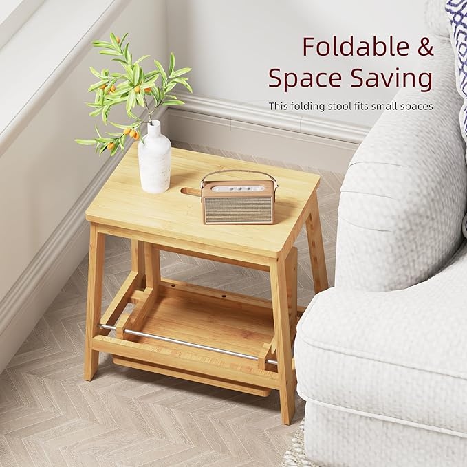 Bamboo Folding Step Stool with Sturdy Structure and Wide Stepping Surface for Safety, Multi-Purpose Foldable Step Stool, Step Ladder for Bathroom,Bedroom,Kitchen Step Stools for Adults 350 lbs