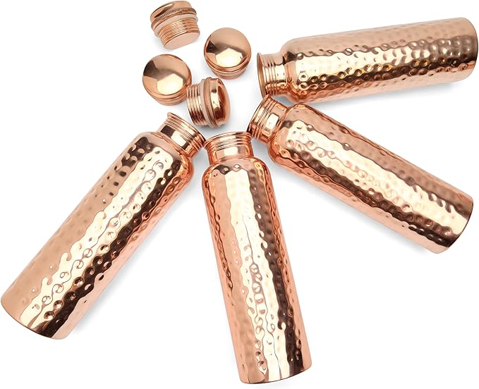 Glytterati Hammered Copper Water Bottle (34 oz/1000ml) (Set of 4) | Pure Copper Bottle | Pure Copper Vessel | Copper Bottle for Drinking Water