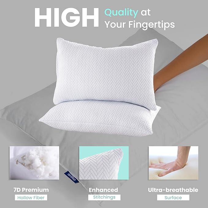 Cooling Pillow for Sleeping, Bed Pillows Queen Size Set of 2, Micro Fiber Filling Pillows 2 Pack, Adjustable to Soft / Firm Pillows for Side Stomach and Back Sleepers with Washable Cover
