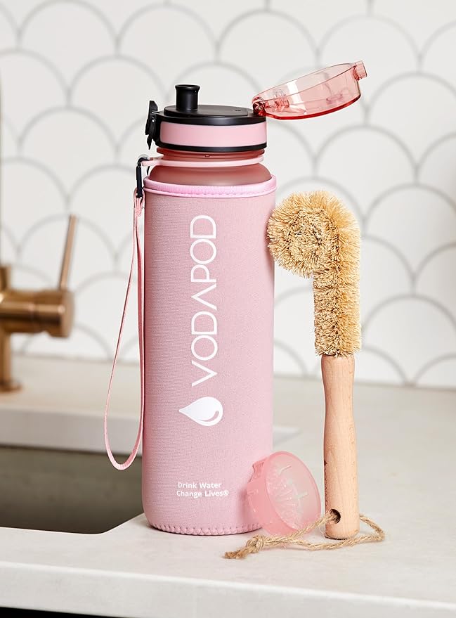 Motivational Water Bottle with Time Marker | 32oz Daily Water Intake Bottle | Gym Sports Water Bottle | Fruit Infuser Screen | 1 Liter BPA-Free Durable Leakproof with Eco-Friendly Brush (Rose)