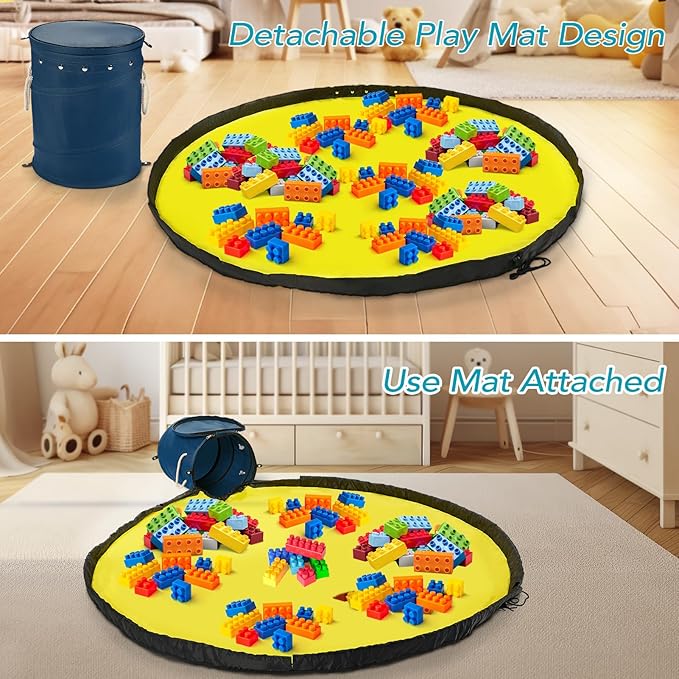 Toy Storage Basket and Play Mat for Kids - Foldable Toy Storage Organizer Bins with Lids - Kids Toy Box Chest for Building Blocks, Boys, Girls, Nursery, Playroom, 12.6''x12.6''x15.5''(Blue)