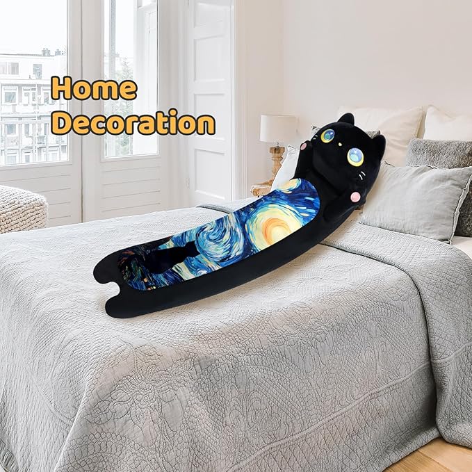 Long Cat Plush Kawaii Kids Plush Toy Pillows, Cute Black Cat Stuffed Animals Soft Plushies, Kitten Big Plush Toys Throw Body Pillow Doll Gift for Girls Boys (Black Starry Cat 44 Inch)