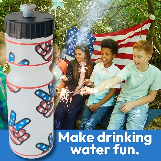 Kids Water Bottle | 22 oz. BPA- Free Sports Squeeze Water Bottles with Pull Top Cap |Perfect Water Bottle for School | Reusable & Durable for Boys & Girls | Made in USA (Patriotic Peace Signs)