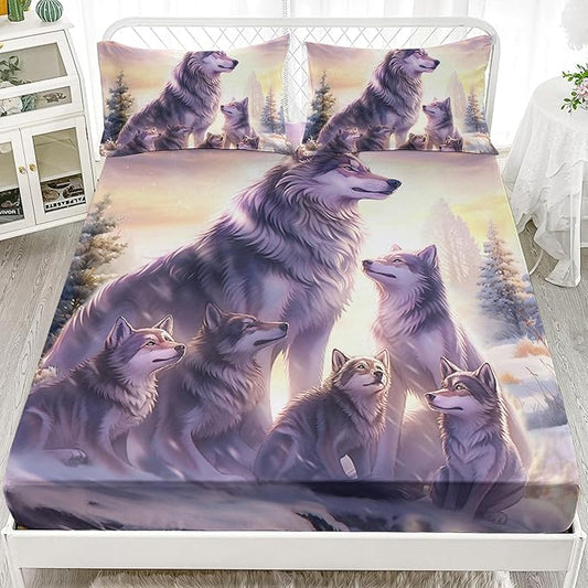AILONEN Wolf Fitted Sheet Set Twin XL Snow Wolf Bed Sheet Set, Wolfmother and Wolf Pups Theme Bedding Set 3 Pieces Wildlife Wolf Sheet Set for Boys Girls,1 Fitted Sheet with 2 Pillowcases