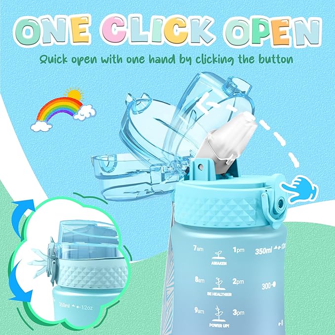 OLDLEY Kids Water Bottle for School, 12 oz (2 lids) BPA-Free Reusable Leak-proof Durable Tritan Plastic Water Bottles with Straw & Chug Lids, Anti-dust Spout Cover (Bluenavy)