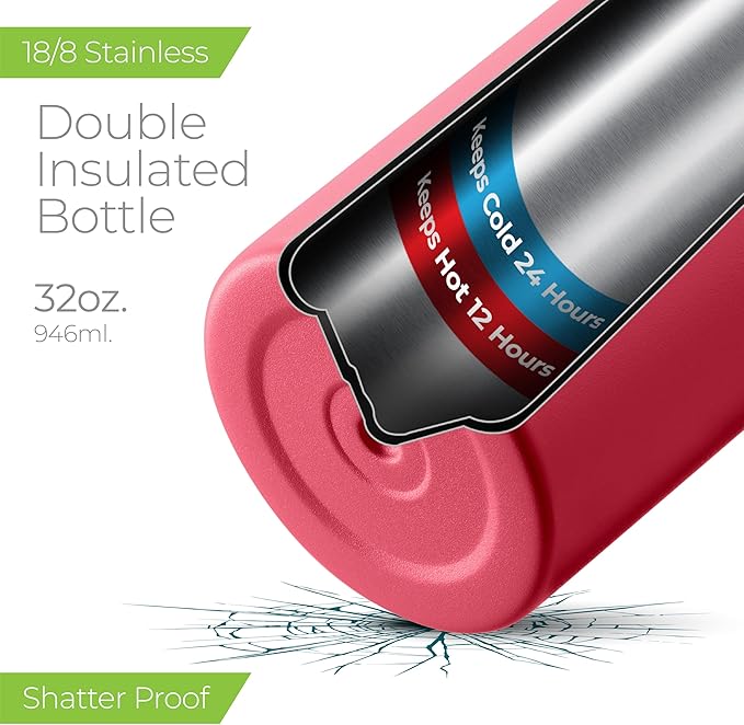 SipX™ Triple-Insulated Stainless Steel Water Bottle 32oz. With 3 Lids, BPA-Free Reusable Insulated Water Bottle Keeps Cold 24 Hours, Metal Water Bottle Made Of Sustainable Material For Hiking & Biking