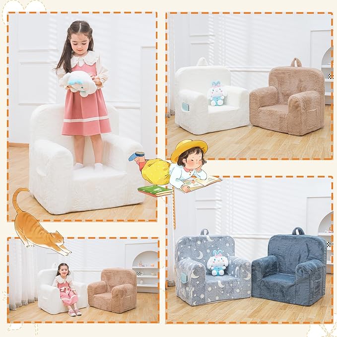 Snuggly-Soft Cuddly Toddler Plush Armchair for Boys and Girls Fuzzy Plush Kids Sofa Couch Reading Chair with Children Friendly Handle for Easy Movement & Double Pockets for Good Storage, Cream
