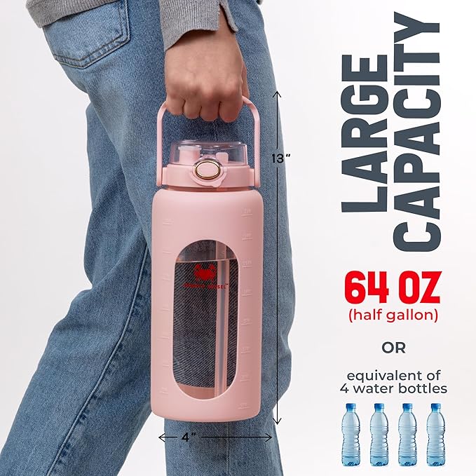 64oz Glass Water Bottle | Pink Water Bottle with Straw & Time Marker | Half Gallon Water Bottle with Measurements & Silicone Sleeve | Suitable for Travel, Gym, Sports & Daily Intake