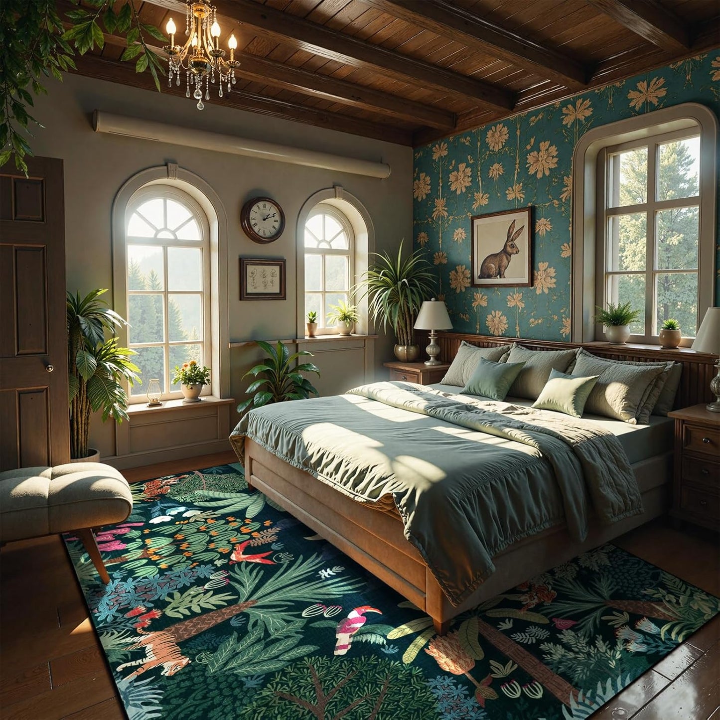 LIVEBOX Washable Bedroom Rug 8x10 Under Bed, Modern Stain Resistant Dark Green Botanical Rug for Living Room Playroom Kids Boy Room, Non-Slip Jungle Forest Print Rugs for Nursery Baby