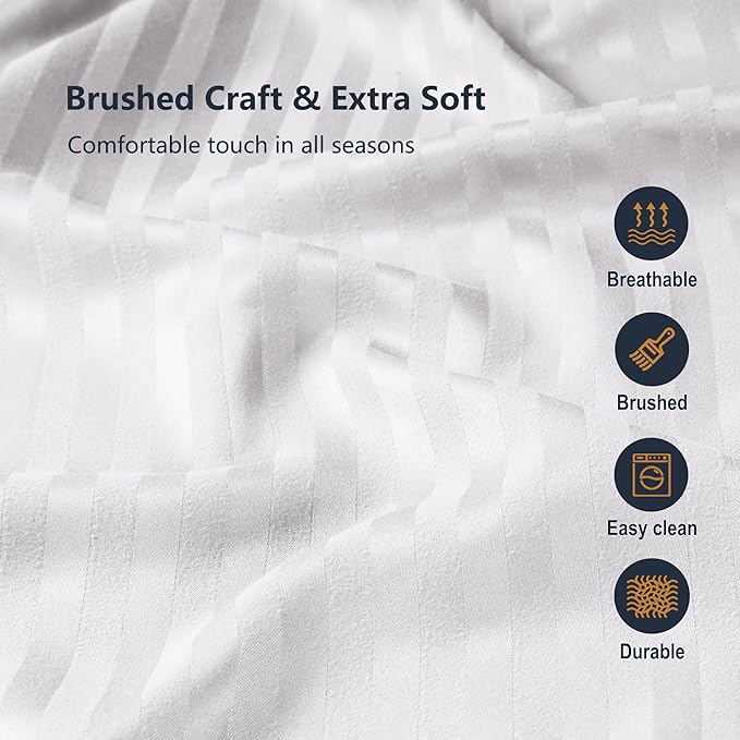 Twin Comforter Set with Sheets, 5 Pieces Super Soft Twin Bed in a Bag, All Season Solid Color Kids Bedding Set Neutral for Boys & Girls, White Striped