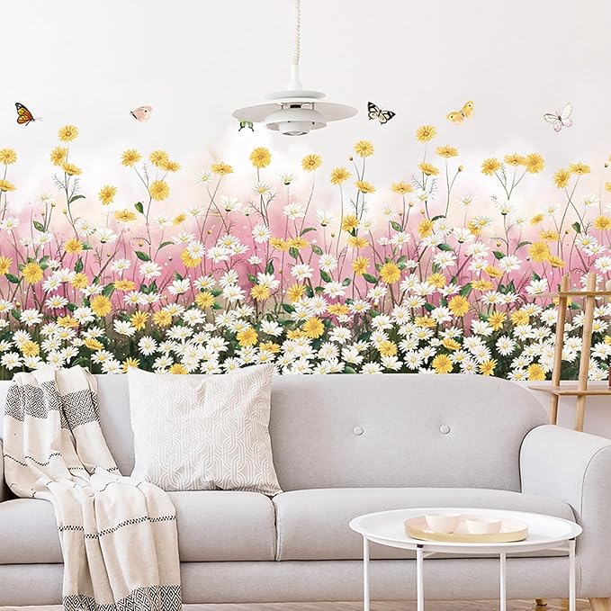 Daisy Flowers Wall Decal Chrysanthemum Butterfly Wall Sticker Removable Vinyl Garden Bouquet Wall Murals for Living Room Bedroom Kitchen Nursery Decors