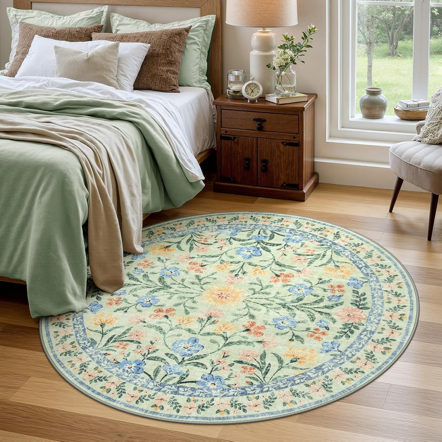 Wonnitar Washable Round Area Rug, 5ft Green Floral Round Rug Boho Soft Circle Carpet, Non Slip Low Pile Circle Accent Carpets for Kitchen Living Room Entryway Bedroom