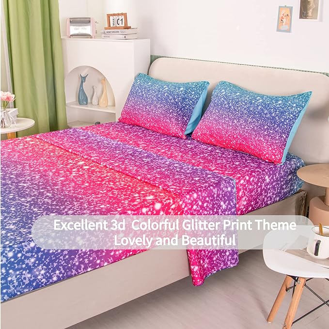 RYNGHIPY Colorful Glitter Bed Sheet Collections, Glitter Rainbow Theme Fitted Sheet Full Size, Mermaid Design Sheets Set for Girls (Pink Blue,Full)