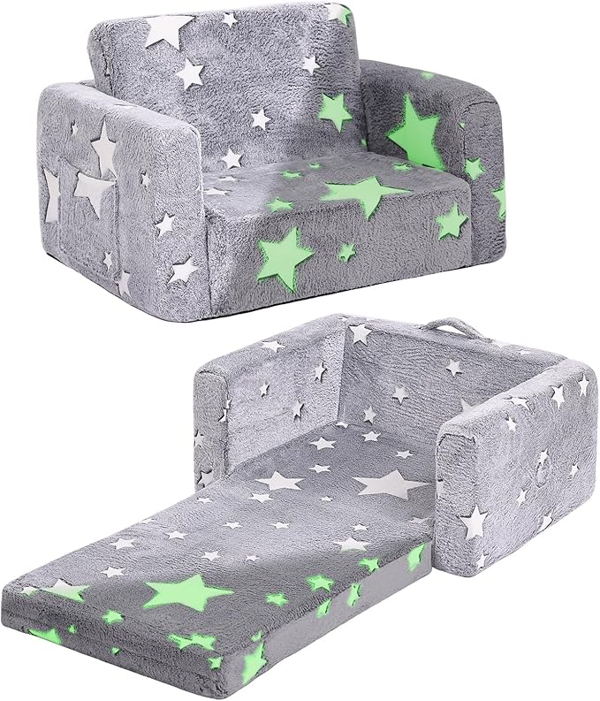 Tiita Kids Chair Comfy, Toddler Plush Sofa Bed Fold Out, 2-in-1 Kids Couch Chairs Flip Out, Convertible Children Couch Lounger, Baby Armrest Chair Bed for Girl or Boy, Grey Star