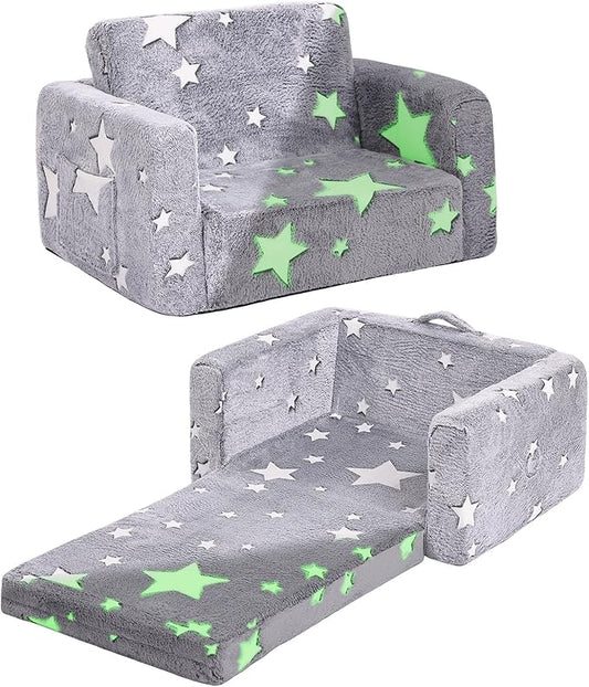 Tiita Kids Chair Comfy, Toddler Plush Sofa Bed Fold Out, 2-in-1 Kids Couch Chairs Flip Out, Convertible Children Couch Lounger, Baby Armrest Chair Bed for Girl or Boy, Grey Star