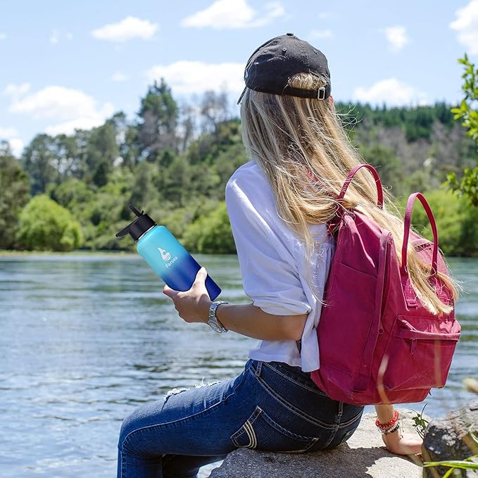 Farsea Insulated Water Bottle with Straw Lid & Spout Lid & Paracord Handle, Stainless Steel Water Bottle Wide Mouth, Double Wall Sweat-Proof BPA-Free, 40 oz, Gradient Mint + Blue