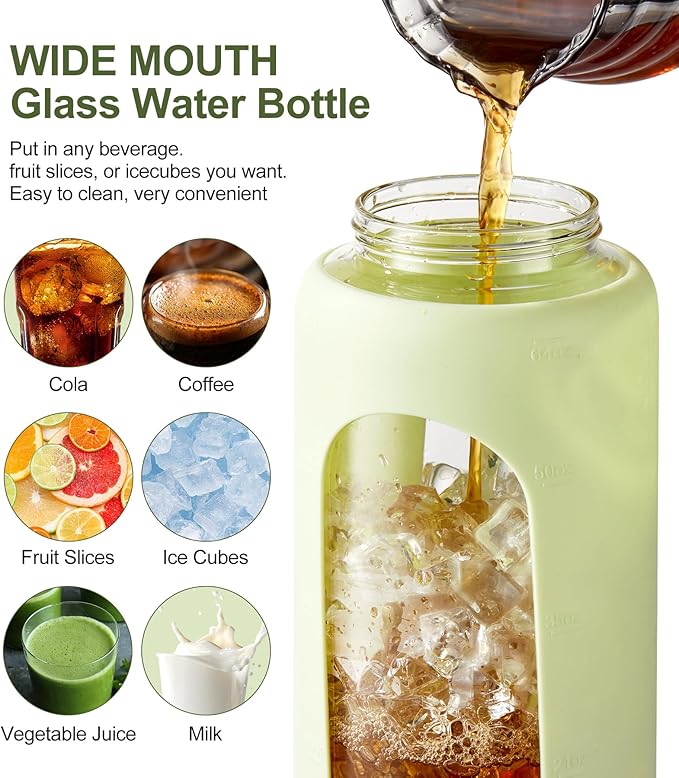TKK 64 OZ Glass Water Bottle with Straw and Handle Half Gallon Bottle with Silicon Sleeve 2L Sports Water Bottles for Fitness, Gym, Workout - Light Green