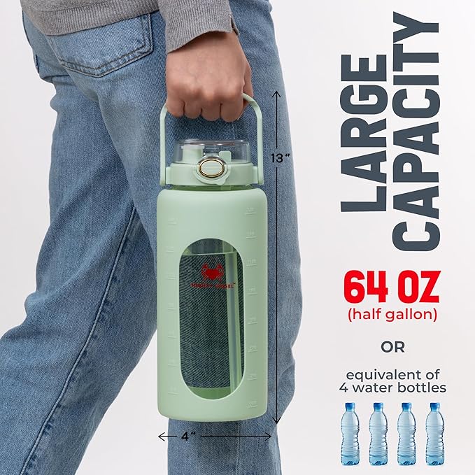 Leakproof 64 oz glass water bottle with Time Markers - Green Large Water Bottle with Measurements - Pregnancy Water Bottle Tracker - Half Gallon Water Bottle with Straw, 2 liter Water Bottle Glass