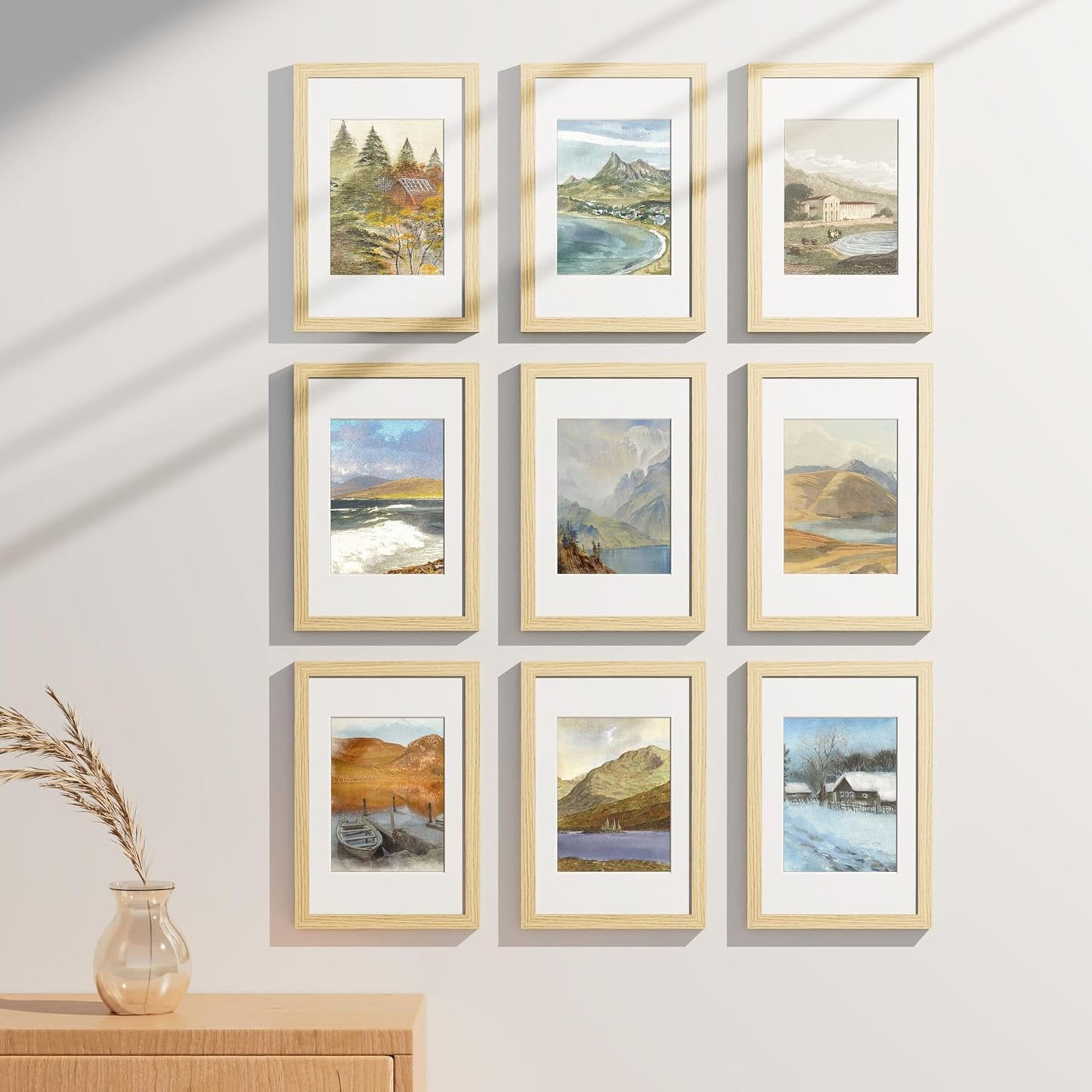 Vittanly 8x12 Picture Frames Set of 9, Shatter Resistant Plexiglass, Display 6x8 Pictures with Mat or 8x12 without Mat, Photo Frames for Wall or Tabletop, Engineered Wood, OAK