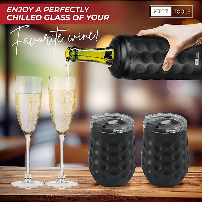 Portable Double Wall Insulated Vacuum Stainless Steel Wine Champagne Bottle Chiller gift set w/two tumblers (Black)