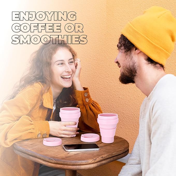 HYDRATE Collapsible Cups for Traveling - 400ml Reusable Cup with Lid for Camping, and On-the-Go Adventures - Foldable Cup - Portable Silicone Coffee Mug for Hot Drinks, Tea - Easy to Clean - Pink