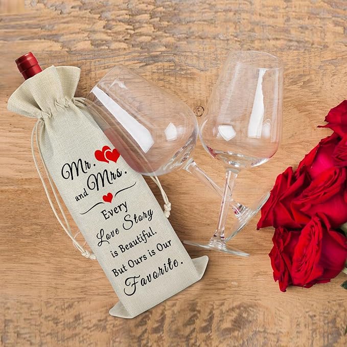 Valentine's Day Gift for Women Men Wine Gift Bag Anniversary Engagement Wedding Gift for Couple Wine Wrap Bag Proposal Birthday Gift for Women Men Drawstring Burlap Wine Bag New Year Christmas Gift