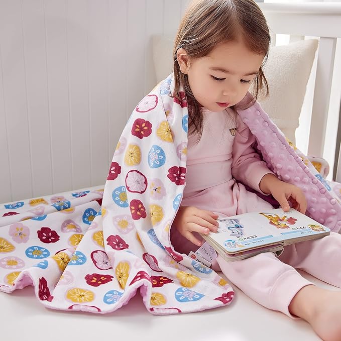 DaysU Silky Micro Soft Plush Baby Blankets for Girls with Print Floral Pattern and Soothing Raised Dots, Double Layer Bed Throws for Toddler Cot, Flower, Pink, 50x60 Inches
