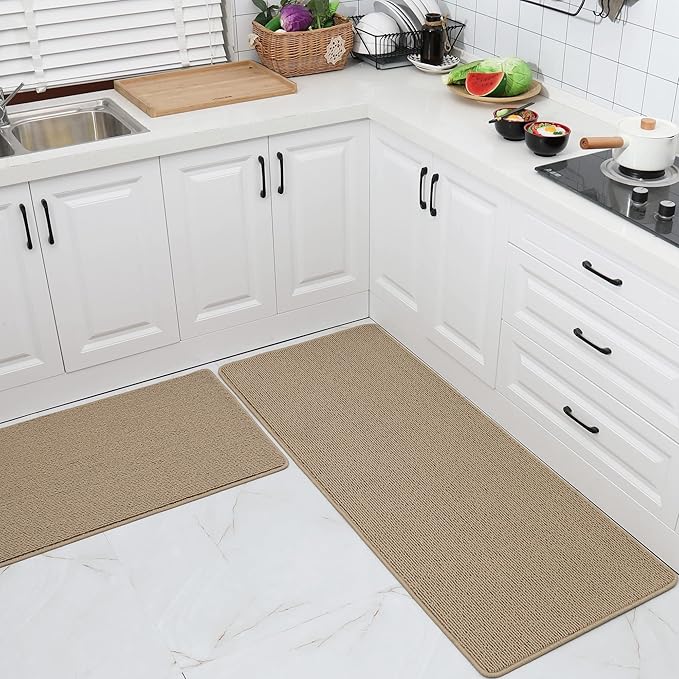 COSY HOMEER 24x35 Inch/24X60 Inch Kitchen Rug Mats Made of 100% Polypropylene Strip TPR Backing 2 Pieces Soft Kitchen Mat Specialized in Anti Slippery and Machine Washable,Beige