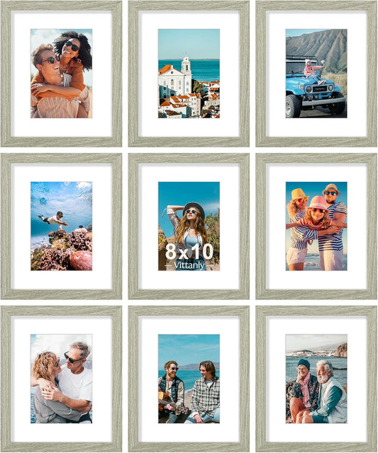 Vittanly 8x10 Picture Frames Set of 9, Shatter Resistant Plexiglass, Display 5x7 Pictures with Mat or 8x10 without Mat, Photo Frames for Wall or Tabletop, Engineered Wood, Driftwood