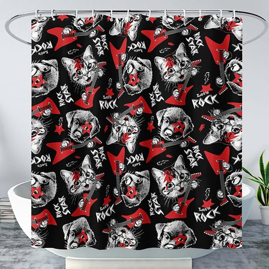 AILONEN Kitten and Puppy Shower Curtain,Rock Kitten Puppy Bath Curtains for Kids Boys Girls,Animal Polyester Waterproof with 12 Plastic Hooks 72" W*78" H